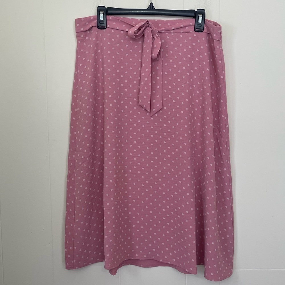 NYCC Polka Dot Midi Skirt Size L Pink Elastic Waist Belted A-line Lightweight
